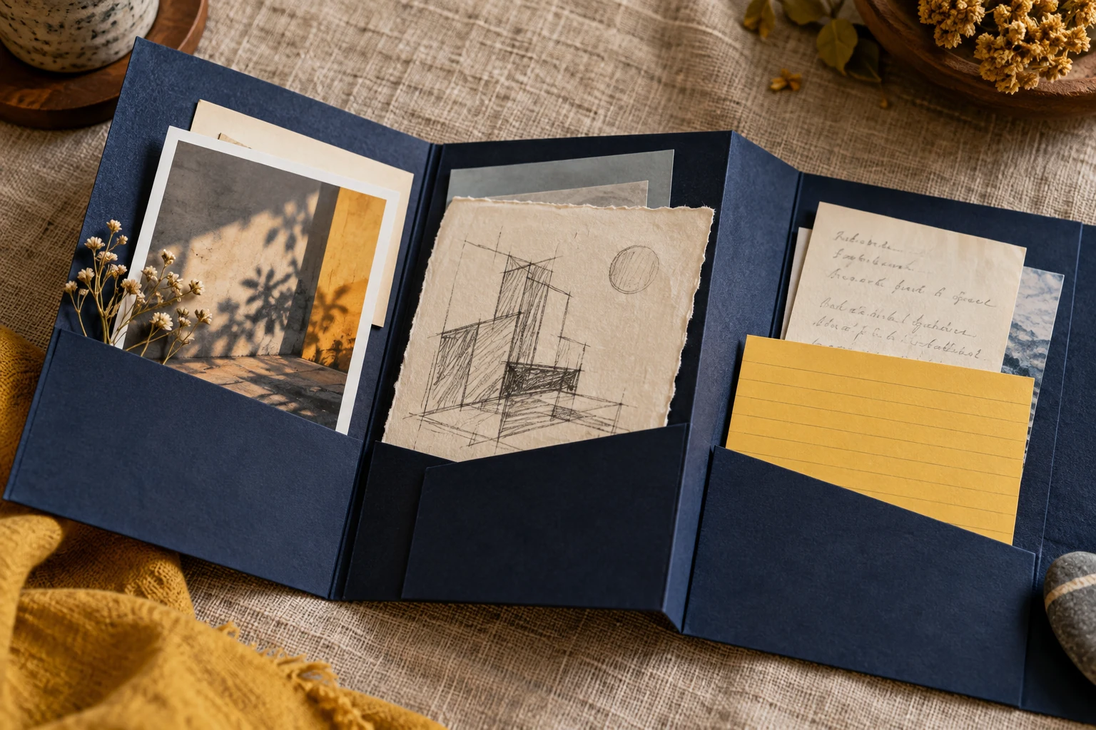 A folder containing a project photograph, a sketch and brief anonymous notes.