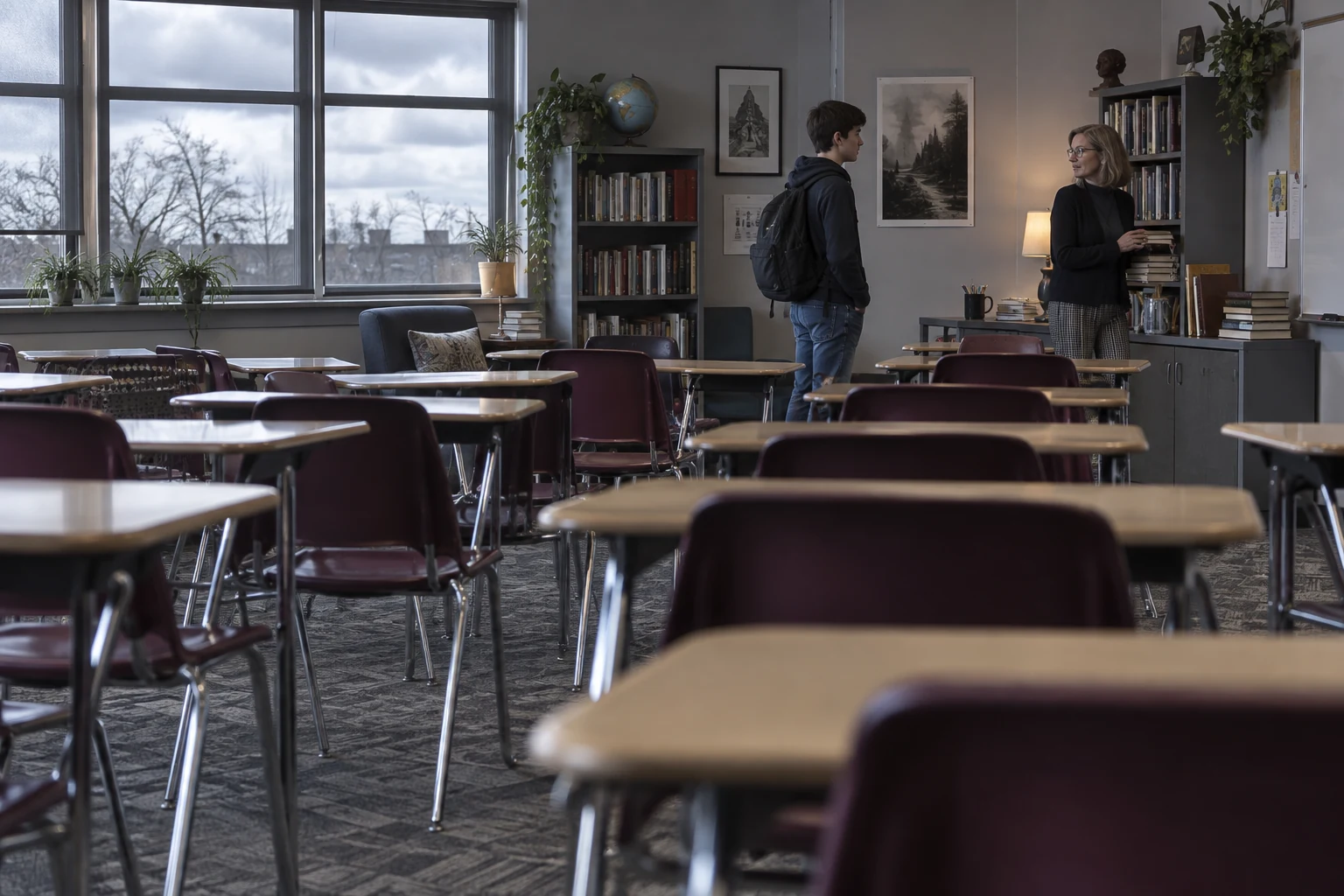 A student speaking briefly with a teacher after other classmates have left.